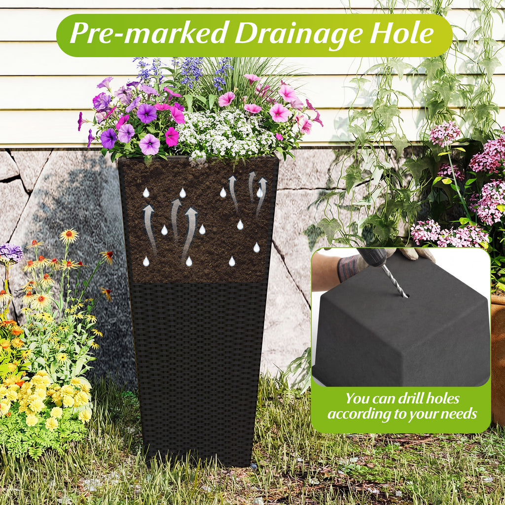 3-Piece Wicker Planters Tapered PP Rattan Plant Boxes with Plastic
