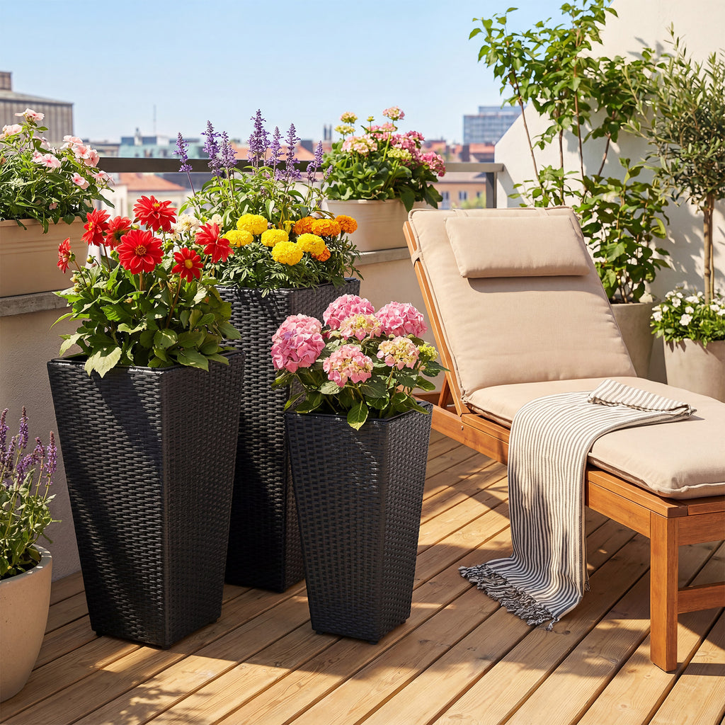 3-Piece Wicker Planters Tapered PP Rattan Plant Boxes with Plastic