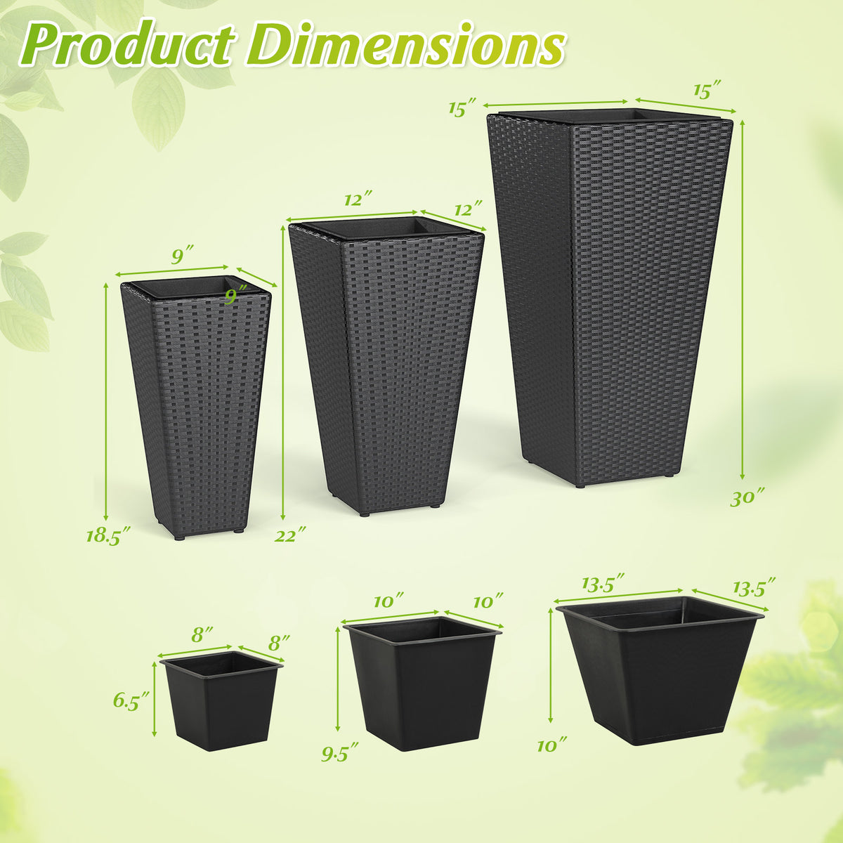 3-Piece Wicker Planters Tapered PP Rattan Plant Boxes with Plastic