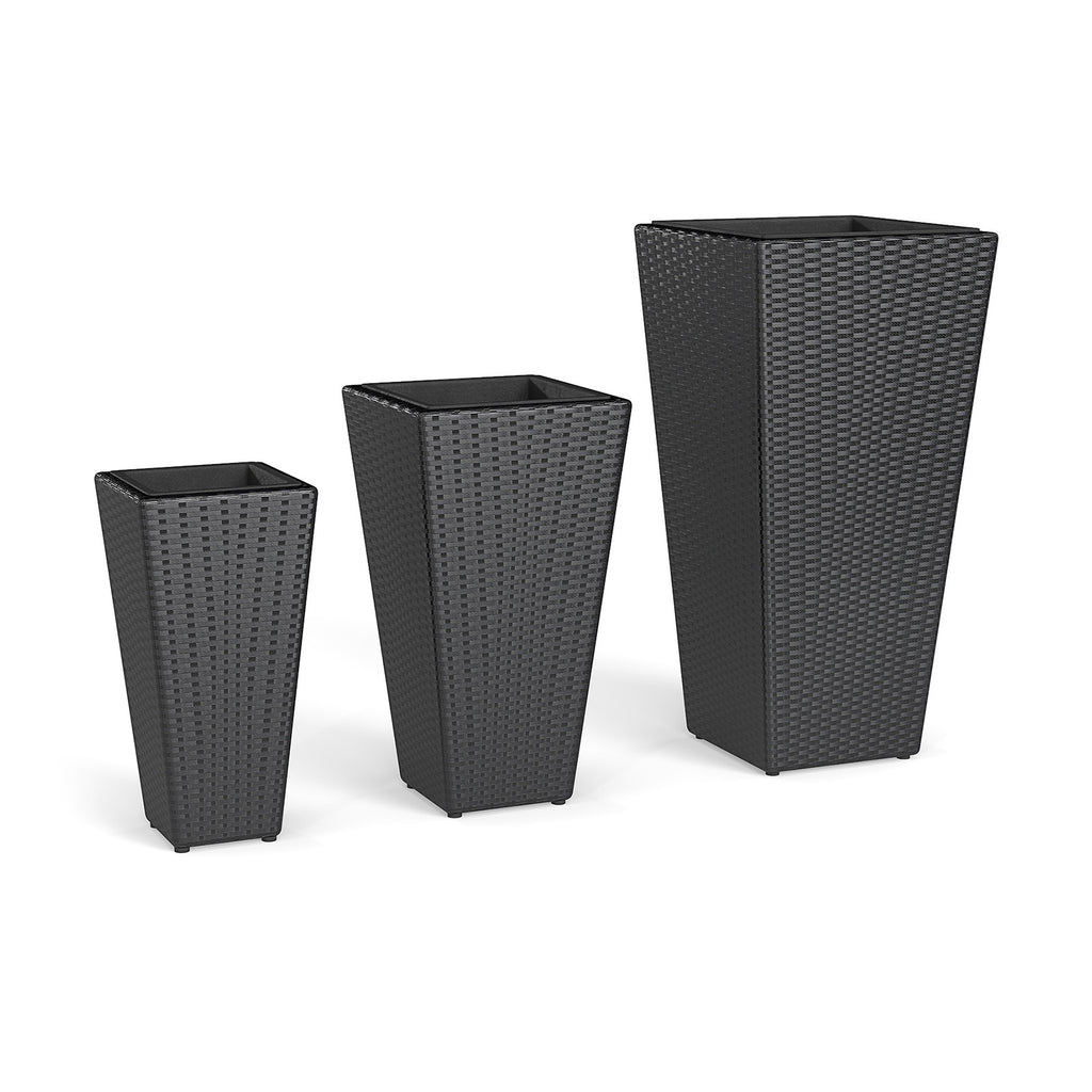 3-Piece Wicker Planters Tapered PP Rattan Plant Boxes with Plastic