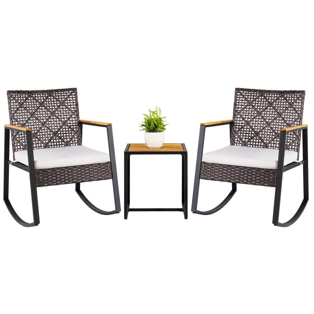 3-Piece Wicker Rocking Chair Set with Coffee Table and Cushions for