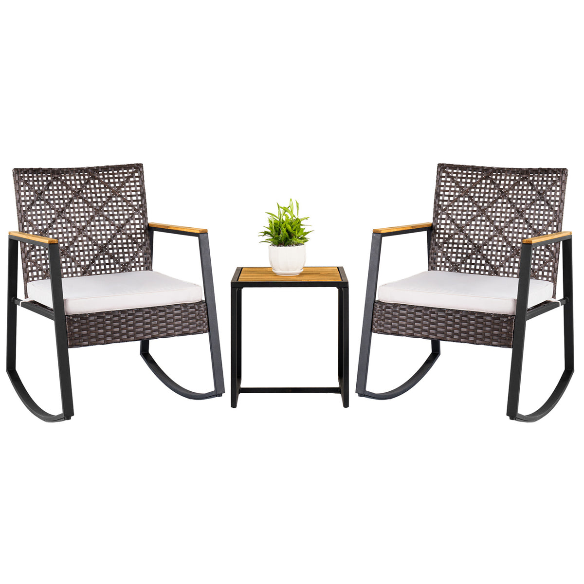 3-Piece Wicker Rocking Chair Set with Coffee Table and Cushions for