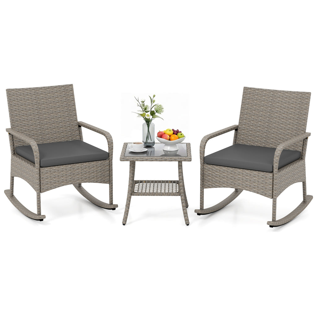 3-Piece Wicker Rocking Bistro Set with Cushions for Garden Backyard