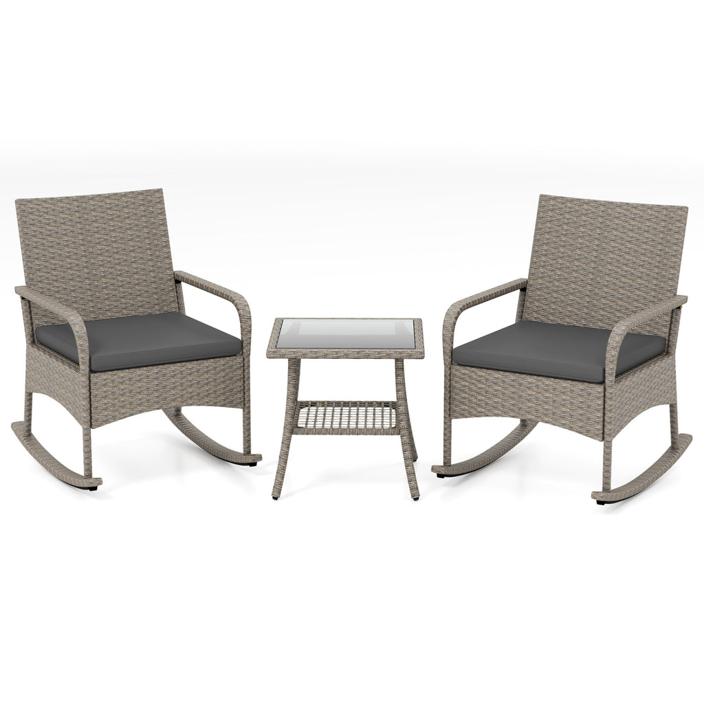 3-Piece Wicker Rocking Bistro Set with Cushions for Garden Backyard