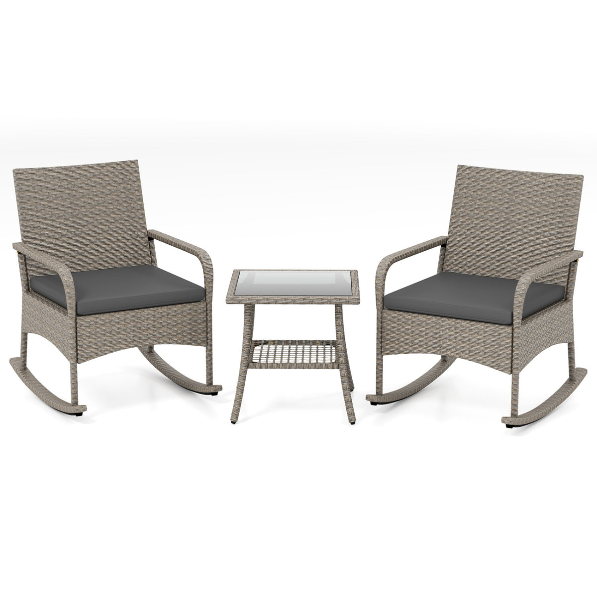 3-Piece Wicker Rocking Bistro Set with Cushions for Garden Backyard