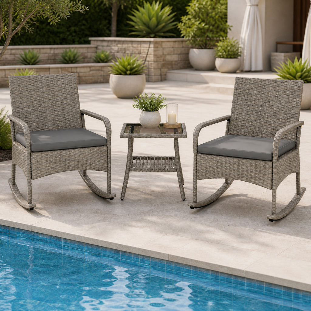3-Piece Wicker Rocking Bistro Set with Cushions for Garden Backyard