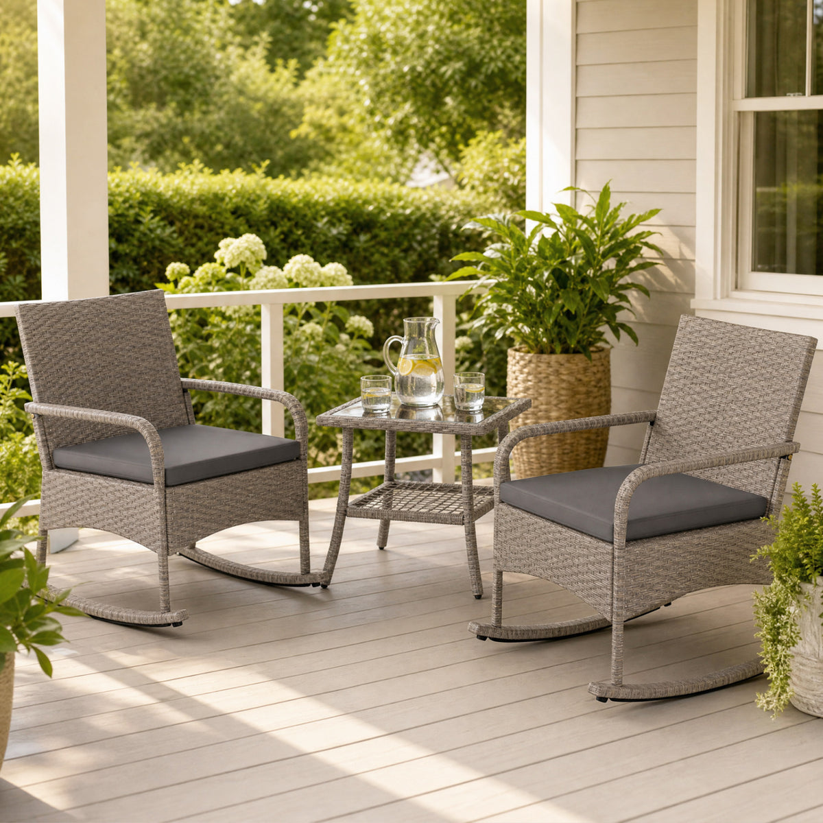 3-Piece Wicker Rocking Bistro Set with Cushions for Garden Backyard