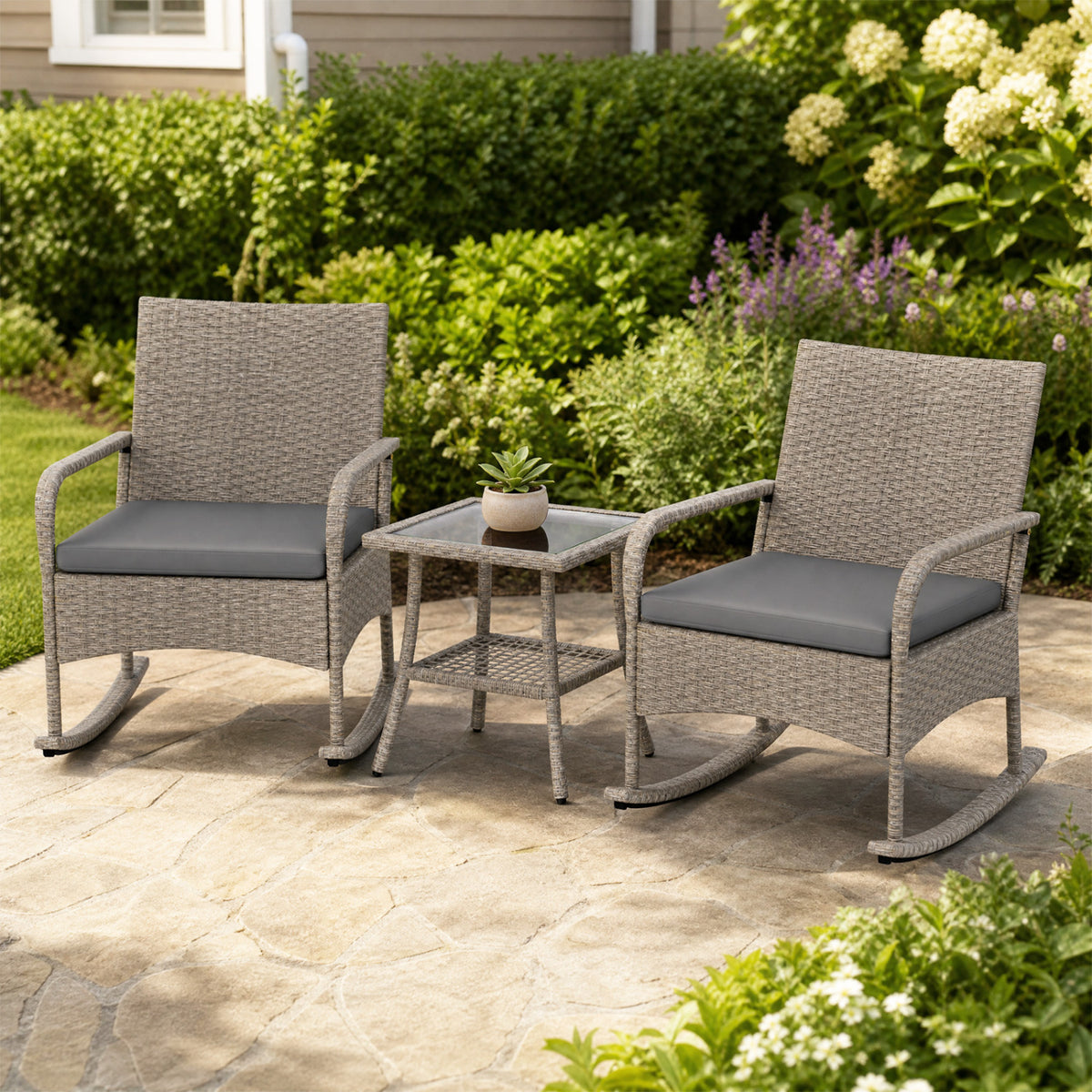 3-Piece Wicker Rocking Bistro Set with Cushions for Garden Backyard
