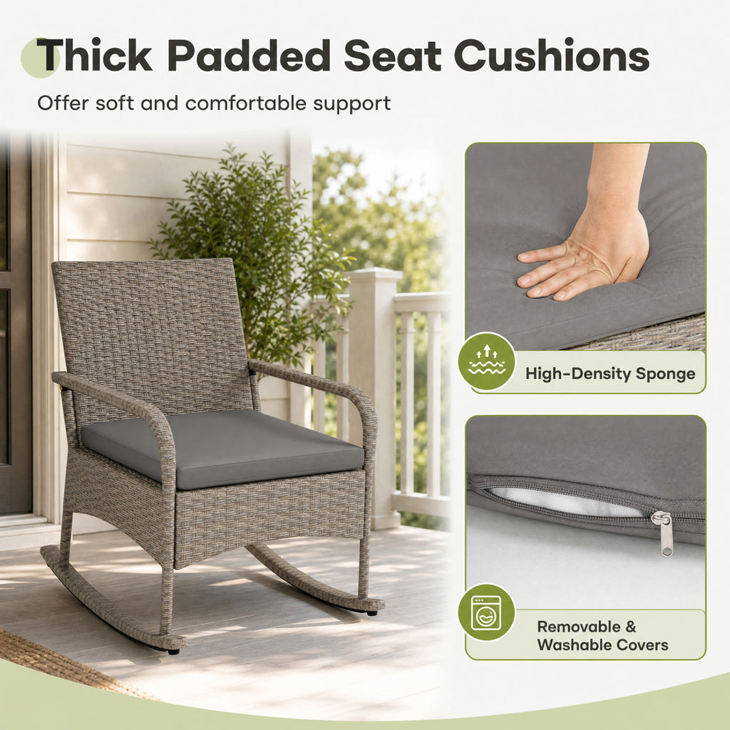 3-Piece Wicker Rocking Bistro Set with Cushions for Garden Backyard