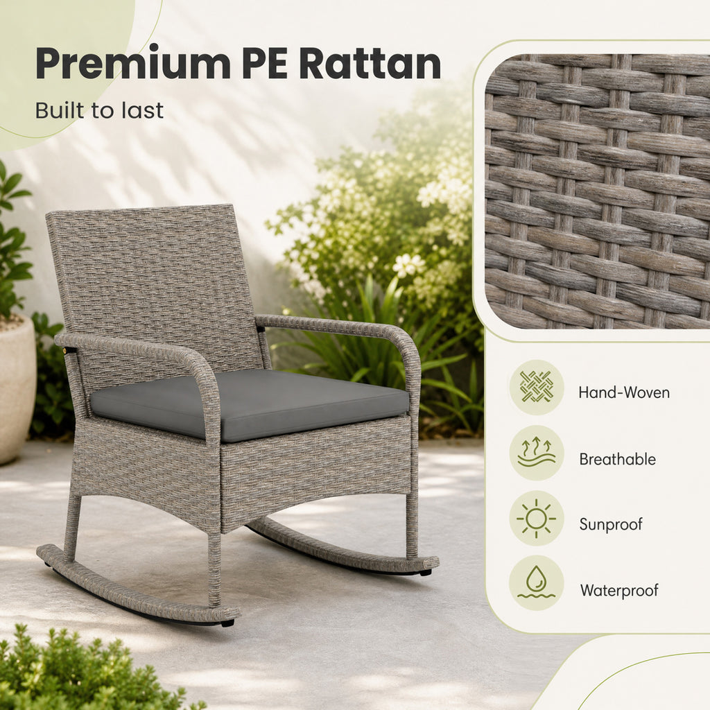 3-Piece Wicker Rocking Bistro Set with Cushions for Garden Backyard