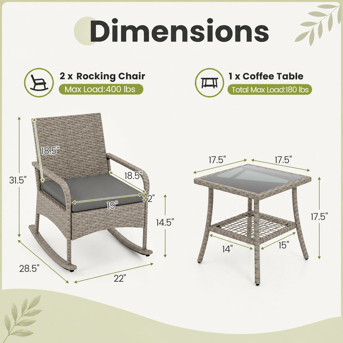 3-Piece Wicker Rocking Bistro Set with Cushions for Garden Backyard