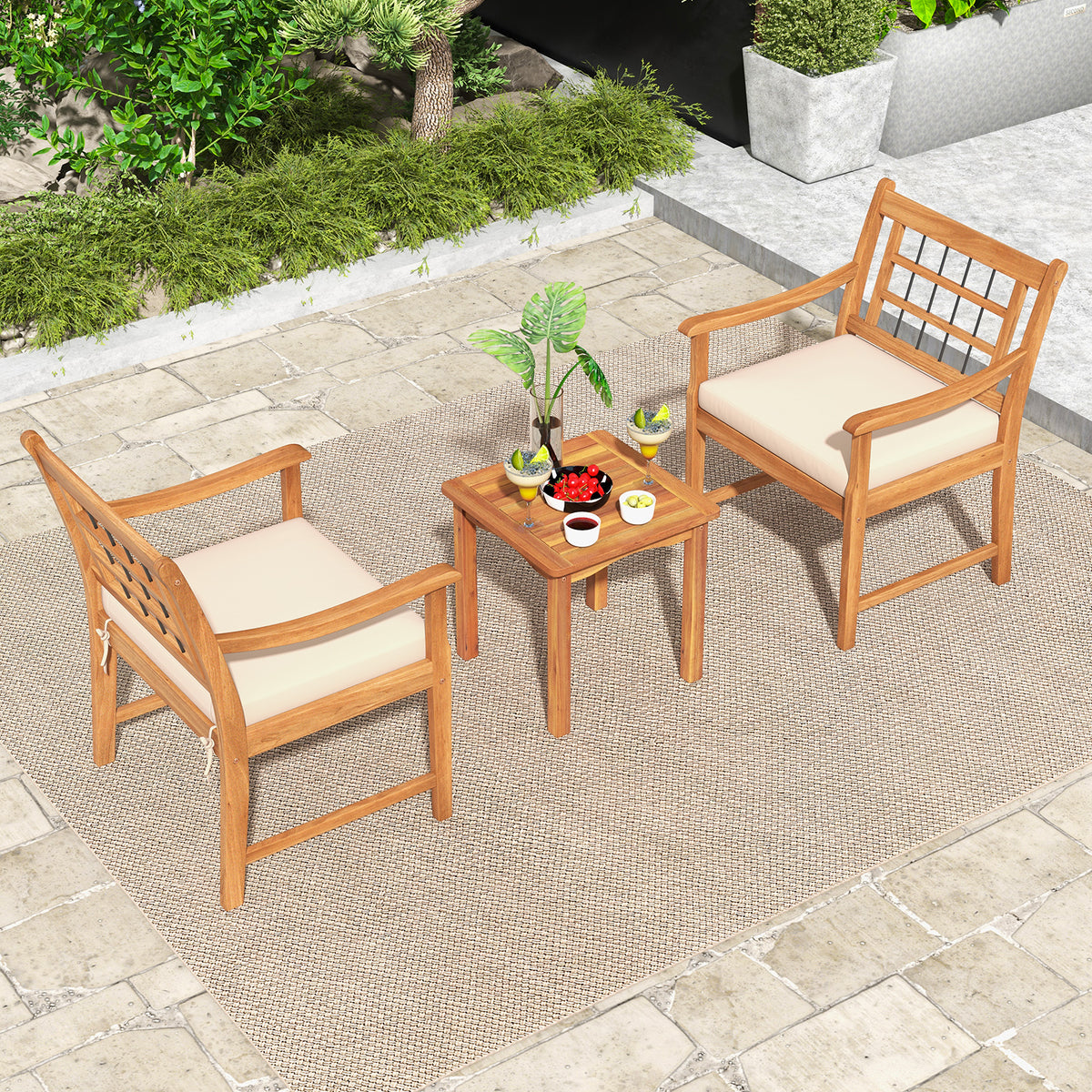 3 Piece Wood Patio Furniture Set with Seat Cushions and Acacia Frame