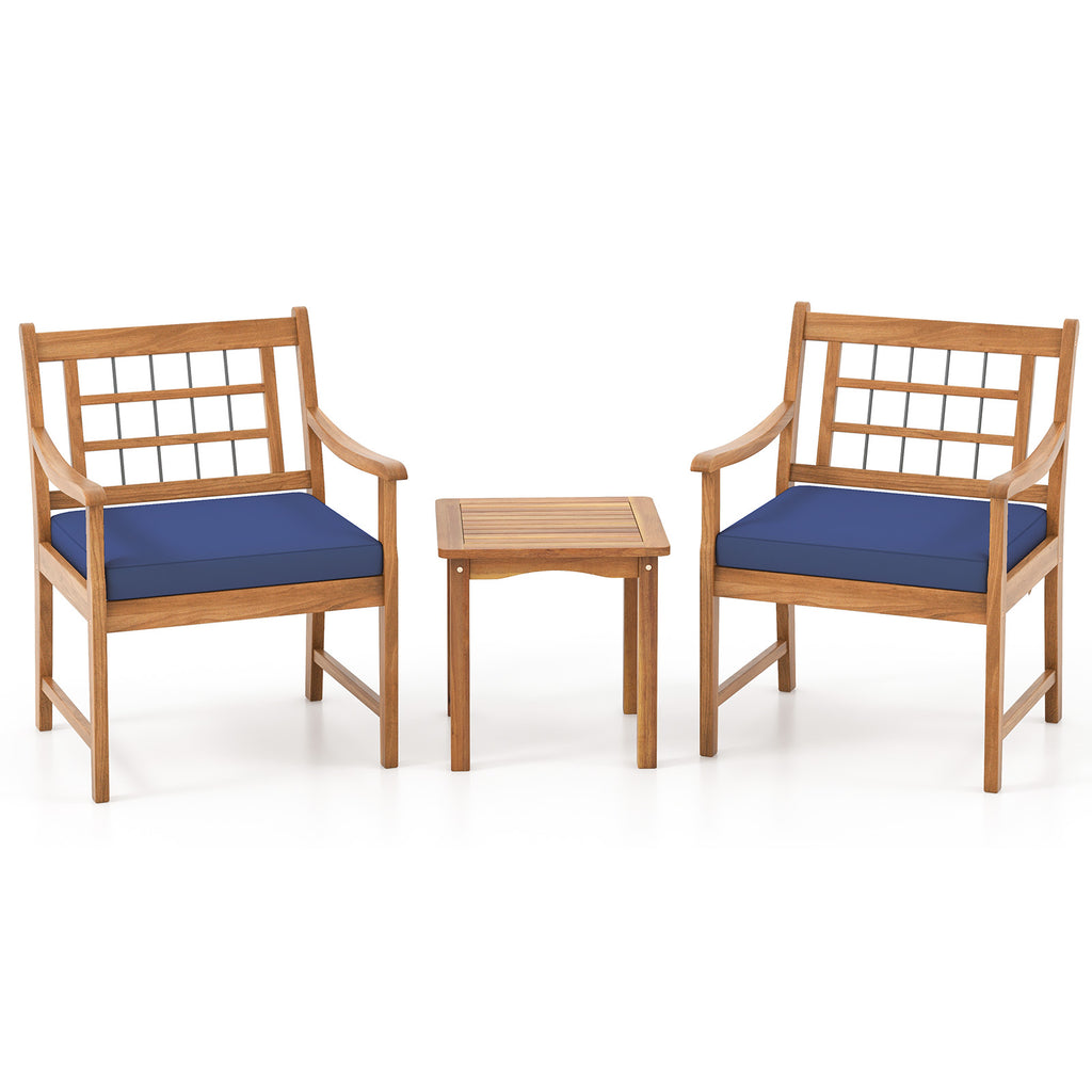 3 Piece Wood Patio Furniture Set with Seat Cushions and Acacia Frame