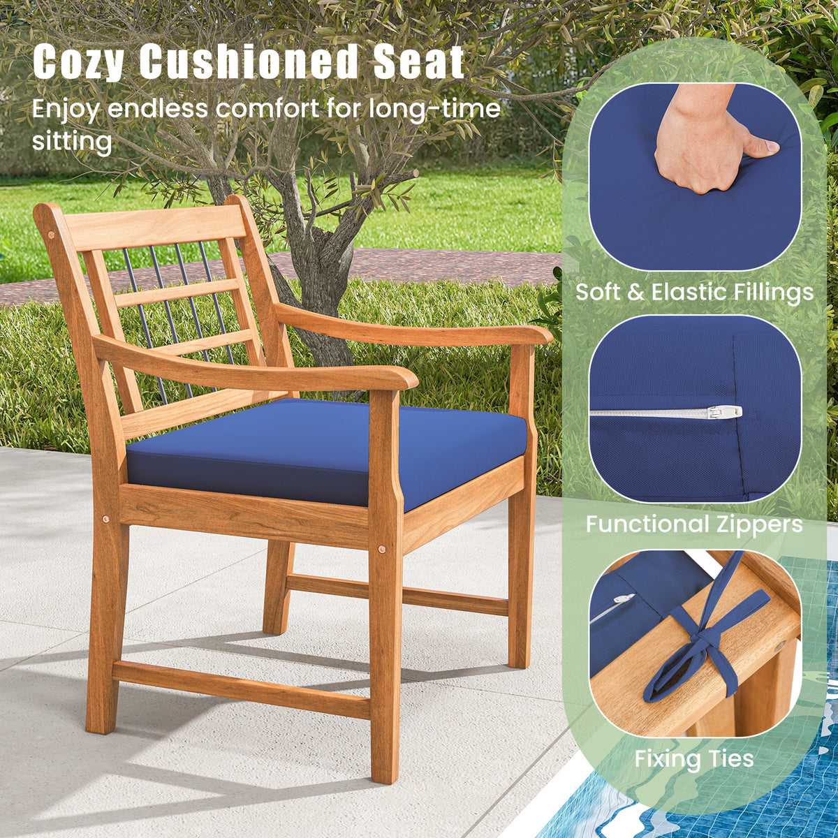 3 Piece Wood Patio Furniture Set with Seat Cushions and Acacia Frame