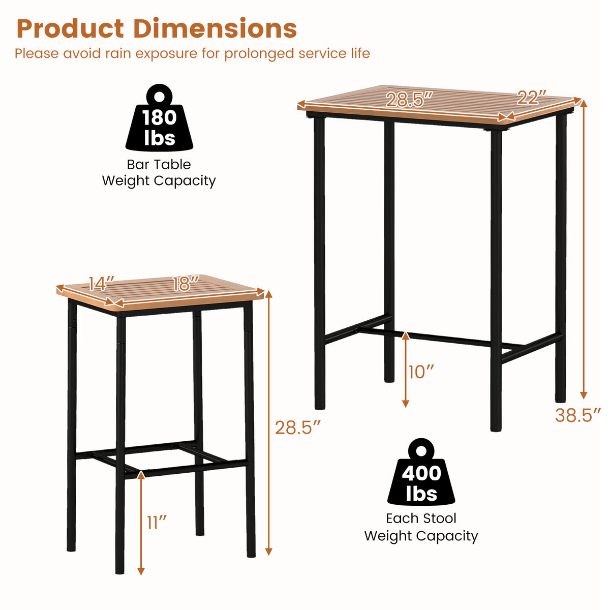 3-Piece Acacia Wood Patio Bar Set