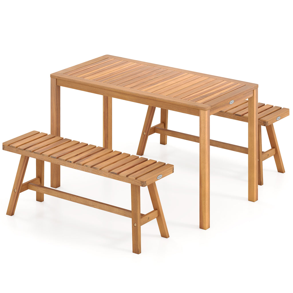 3 Pieces Acacia Wood Patio Dining Set Outdoor Rectangular Table and