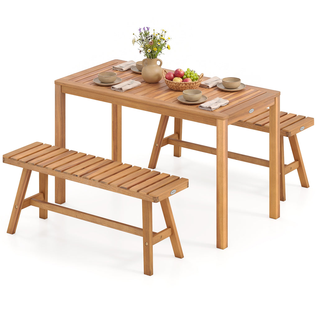 3 Pieces Acacia Wood Patio Dining Set Outdoor Rectangular Table and