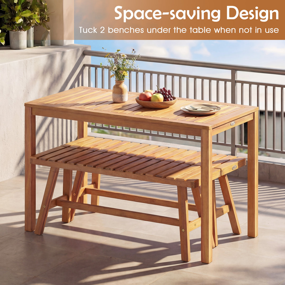 3 Pieces Acacia Wood Patio Dining Set Outdoor Rectangular Table and