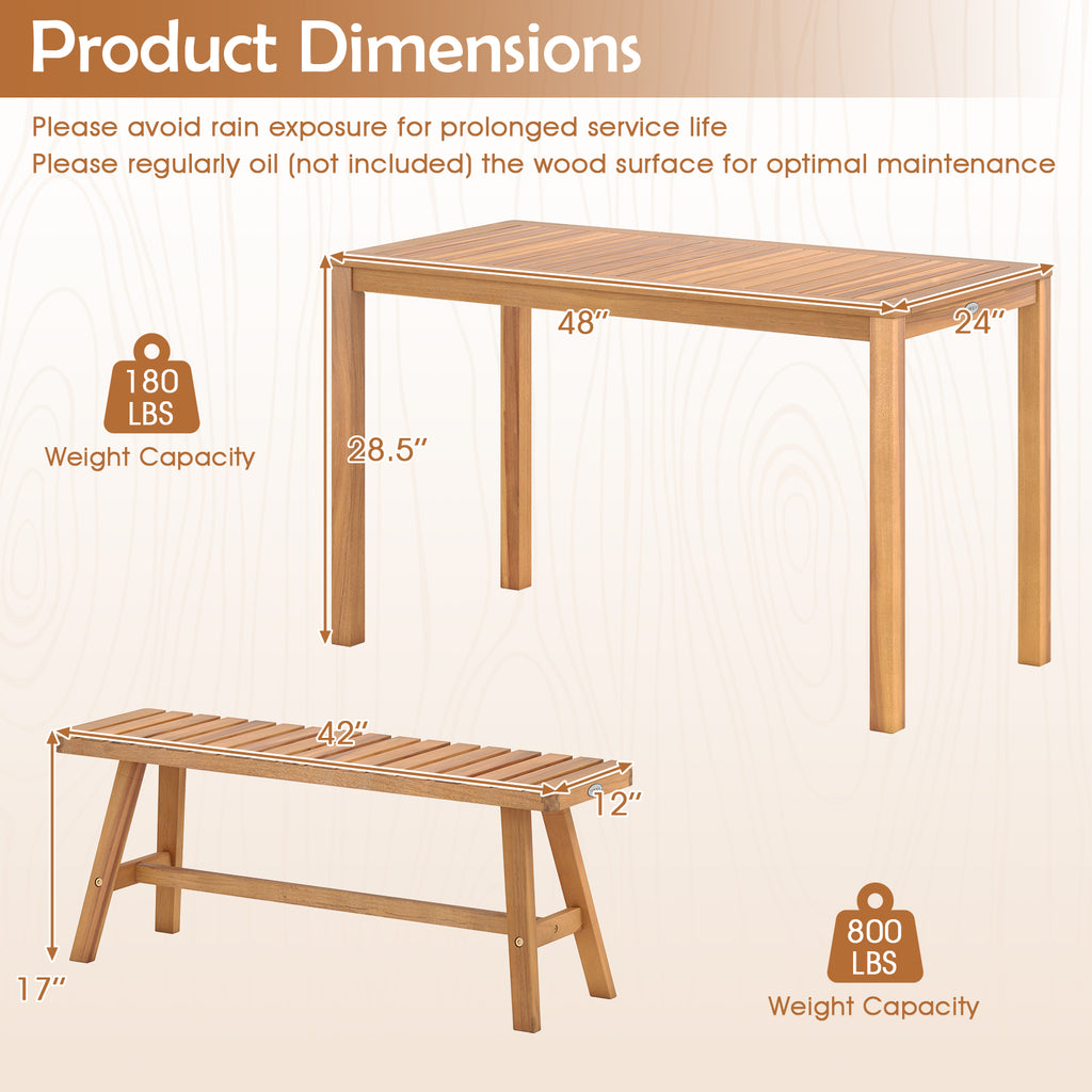 3 Pieces Acacia Wood Patio Dining Set Outdoor Rectangular Table and