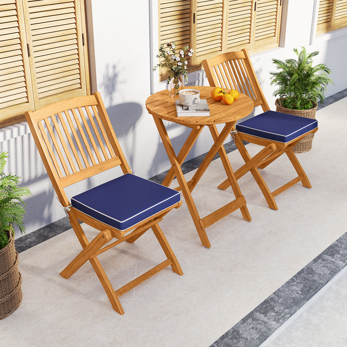 3 Pieces Acacia Wood Patio Folding Bistro Set with Soft Cushions