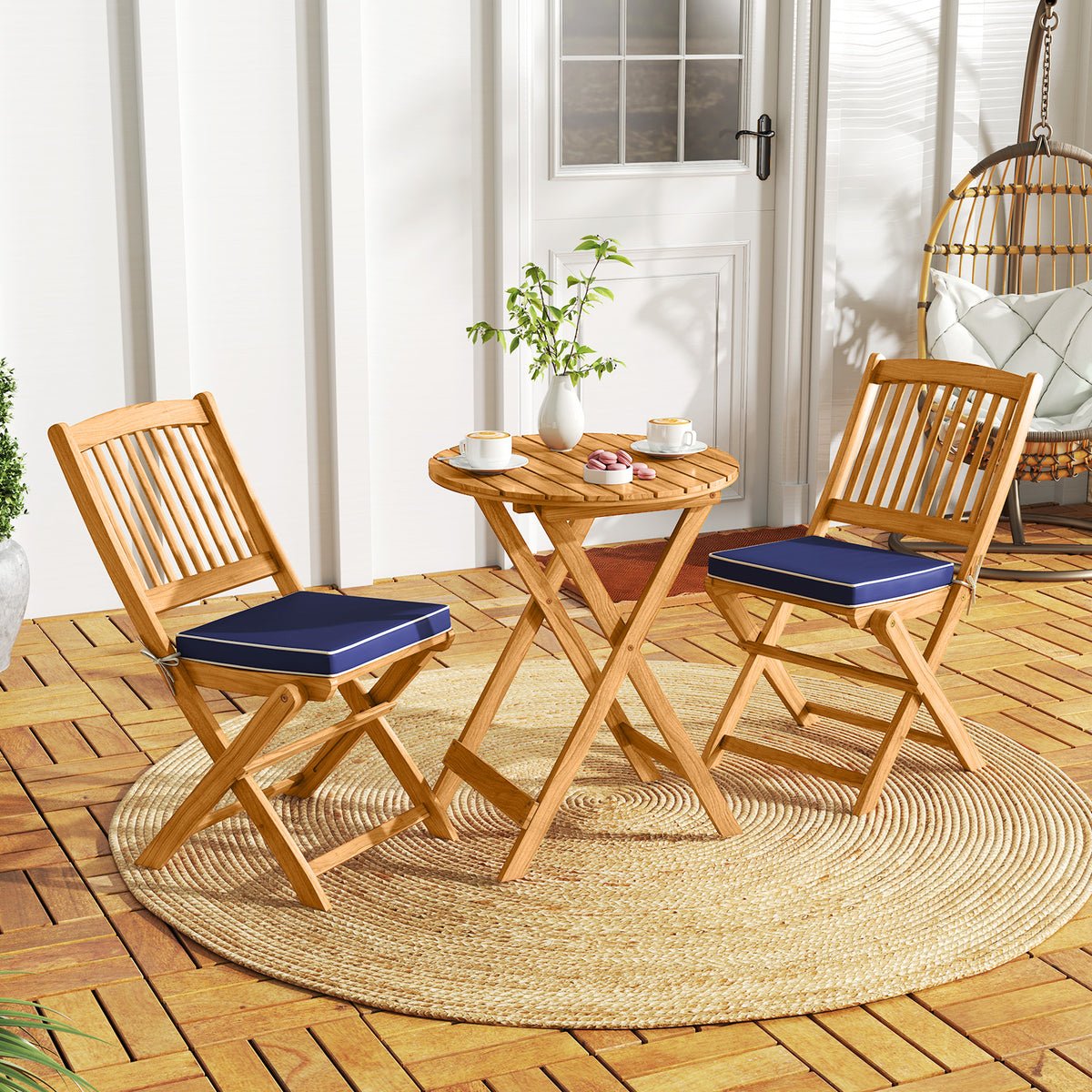 3 Pieces Acacia Wood Patio Folding Bistro Set with Soft Cushions