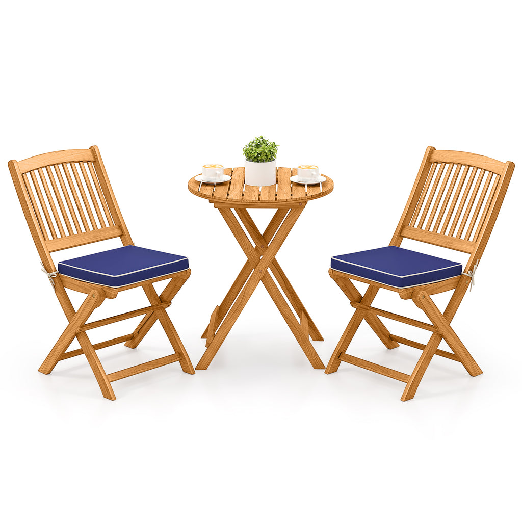 3 Pieces Acacia Wood Patio Folding Bistro Set with Soft Cushions