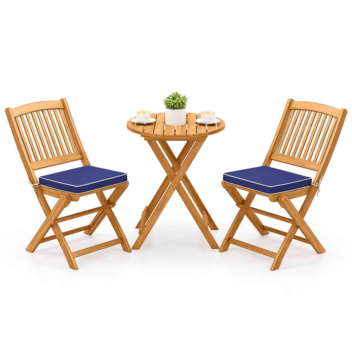 3 Pieces Acacia Wood Patio Folding Bistro Set with Soft Cushions
