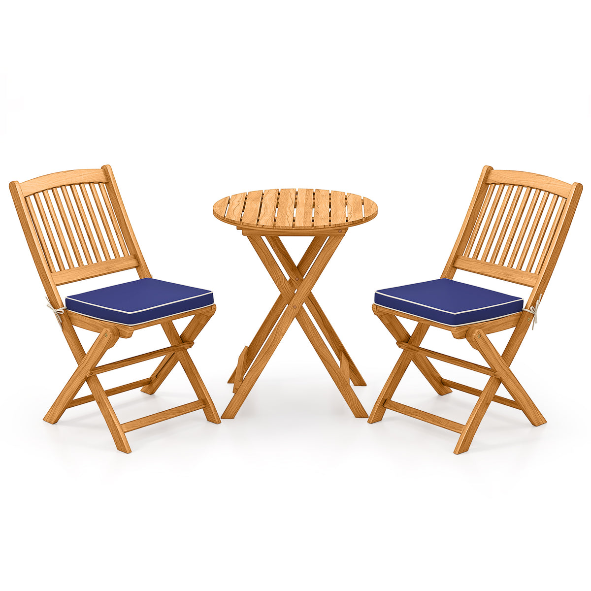 3 Pieces Acacia Wood Patio Folding Bistro Set with Soft Cushions