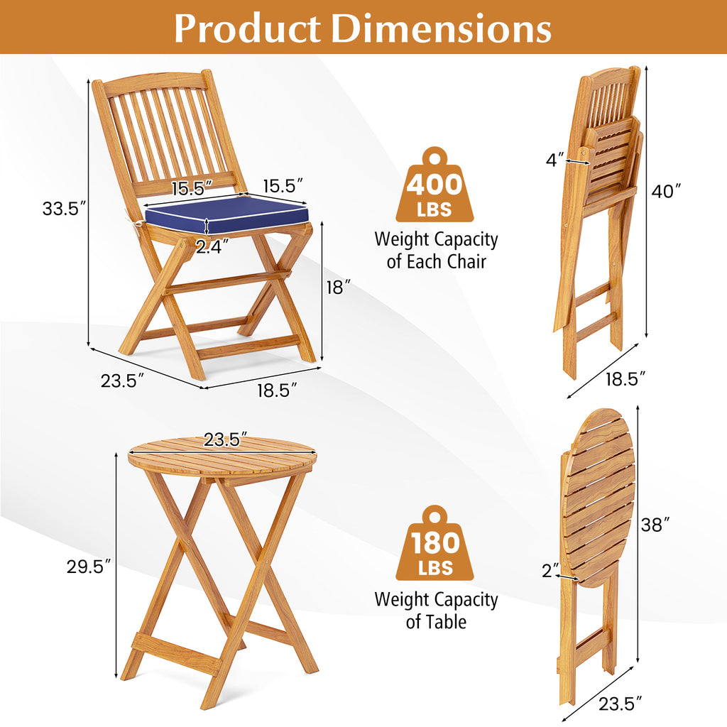 3 Pieces Acacia Wood Patio Folding Bistro Set with Soft Cushions