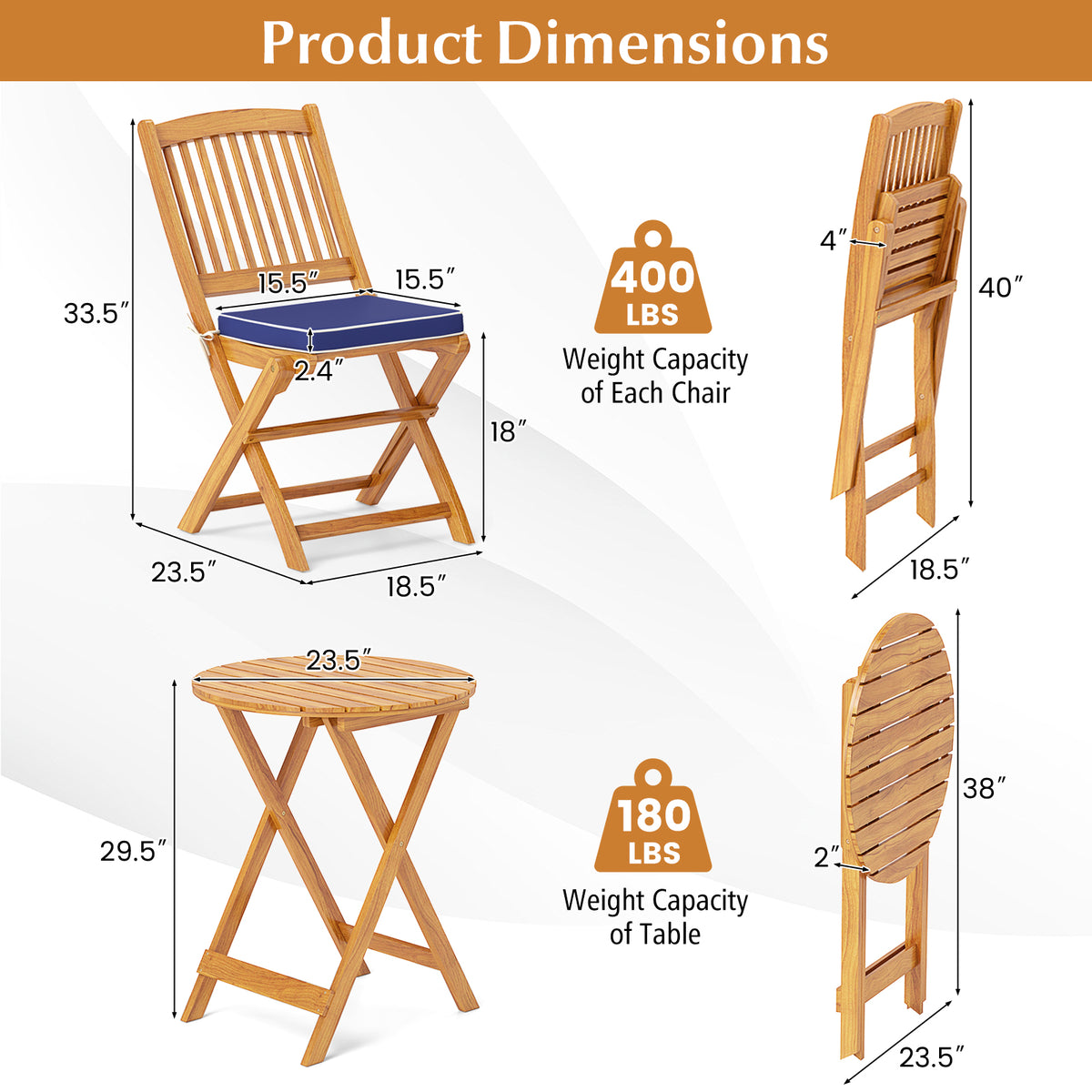 3 Pieces Acacia Wood Patio Folding Bistro Set with Soft Cushions