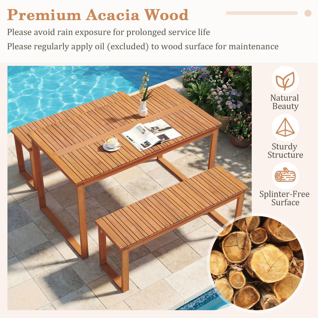 3 Pieces Acacia Wood Picnic Set with Outdoor Dining Table and 2