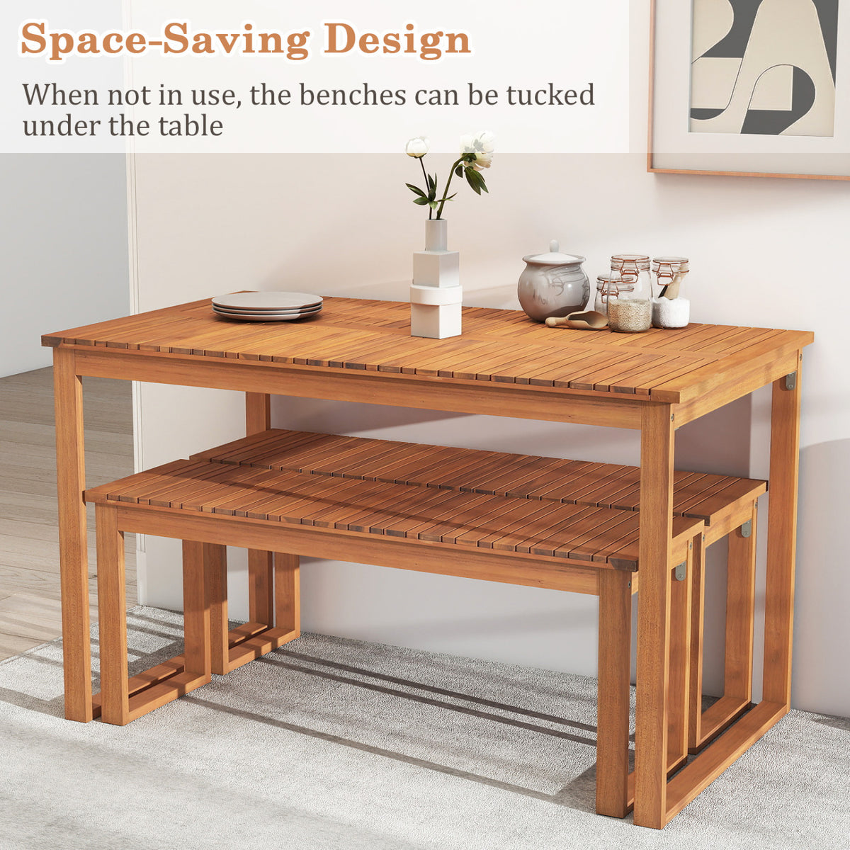 3 Pieces Acacia Wood Picnic Set with Outdoor Dining Table and 2