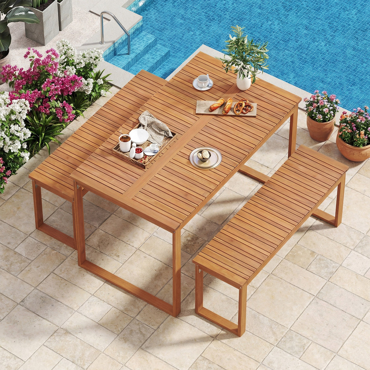 Acacia Wood Picnic Set with Table & 2 Benches – Space-Saving Design