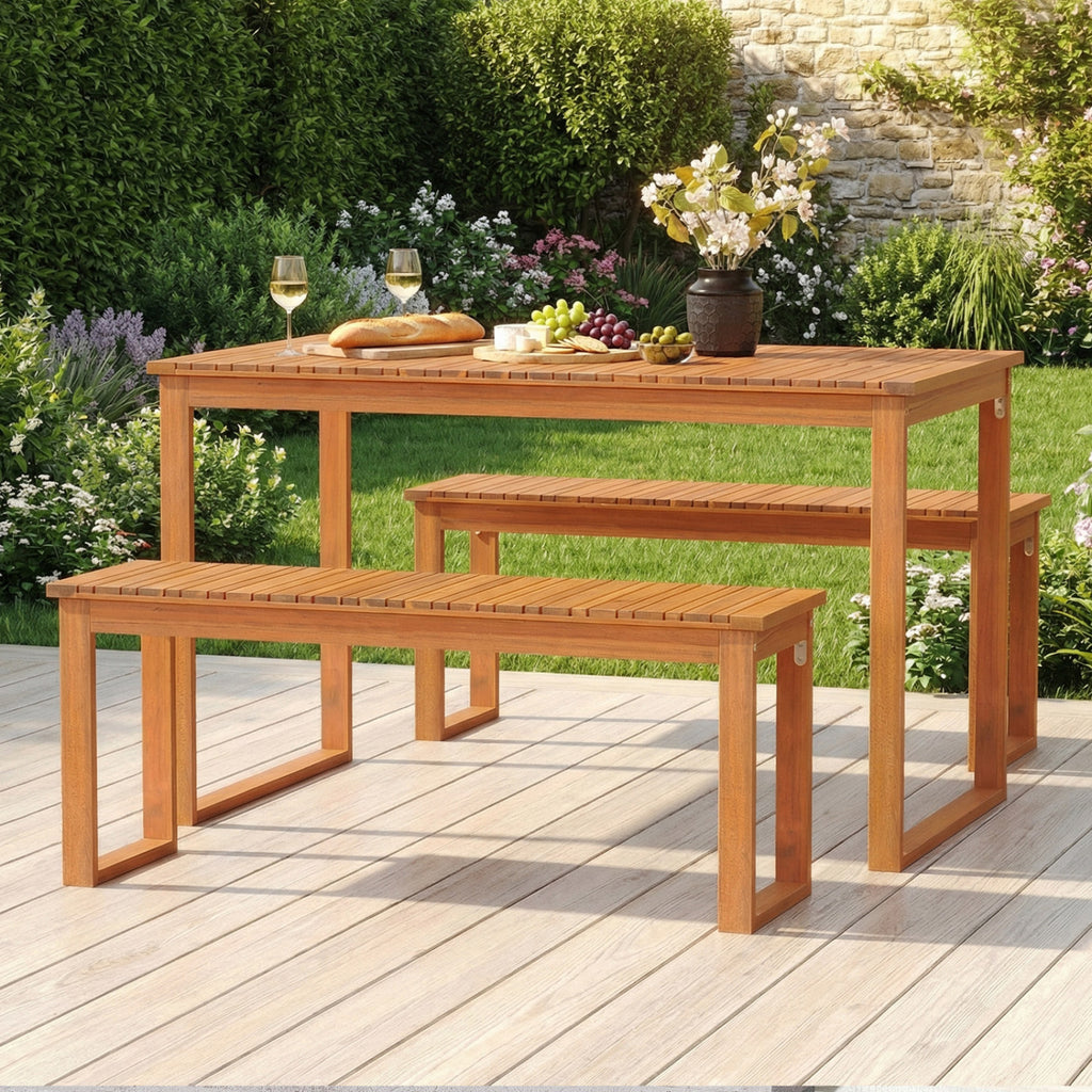 3 Pieces Acacia Wood Picnic Set with Outdoor Dining Table and 2