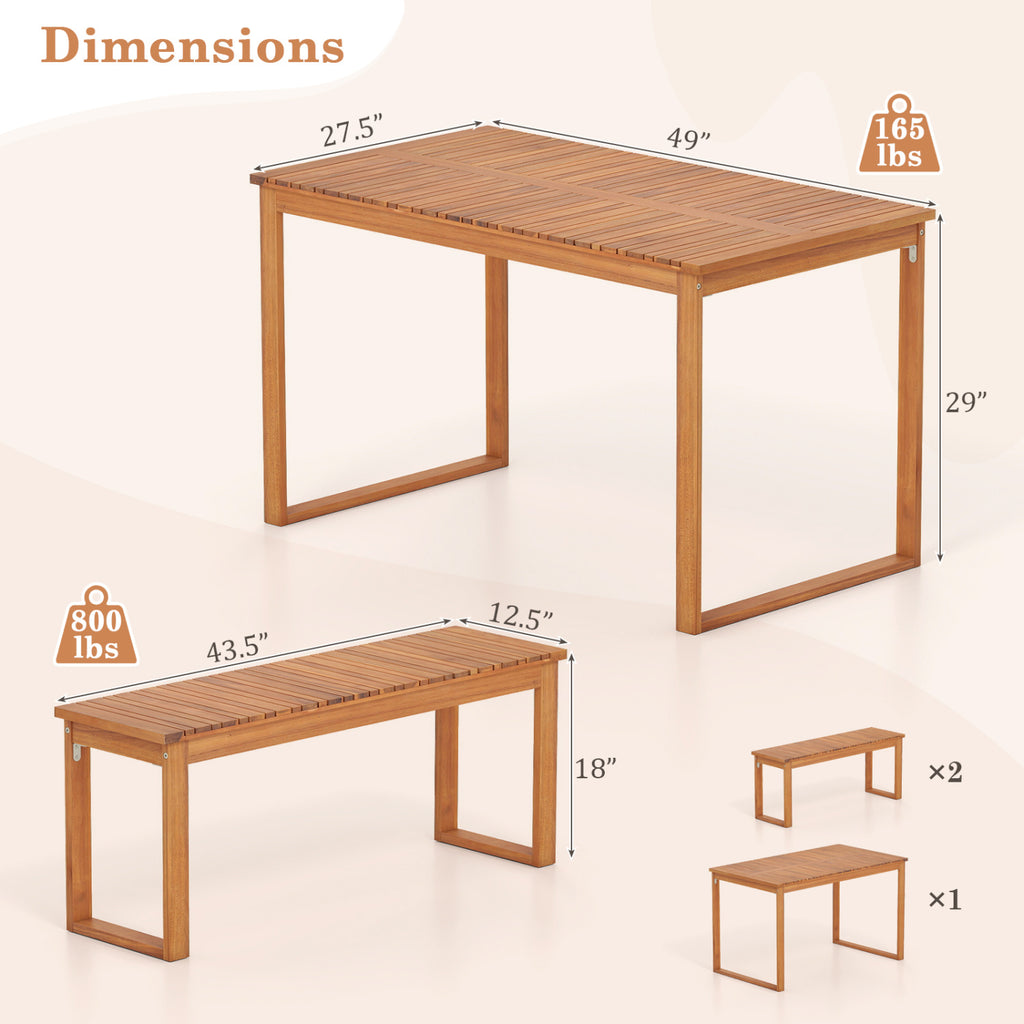 3 Pieces Acacia Wood Picnic Set with Outdoor Dining Table and 2