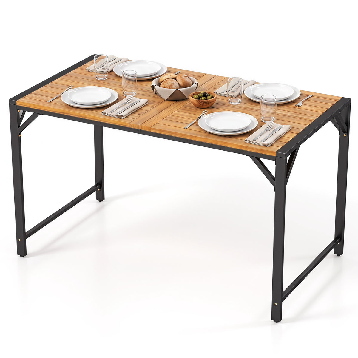 51" Acacia Wood Dining Table with Umbrella Hole & Metal Support for
