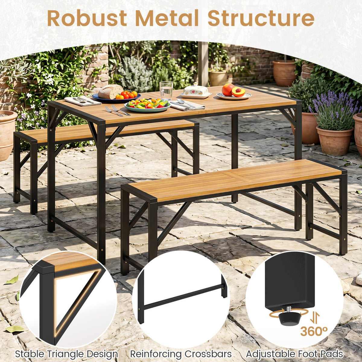 51" Acacia Wood Dining Table with Umbrella Hole & Metal Support for
