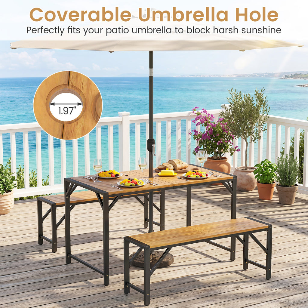51" Acacia Wood Dining Table with Umbrella Hole & Metal Support for