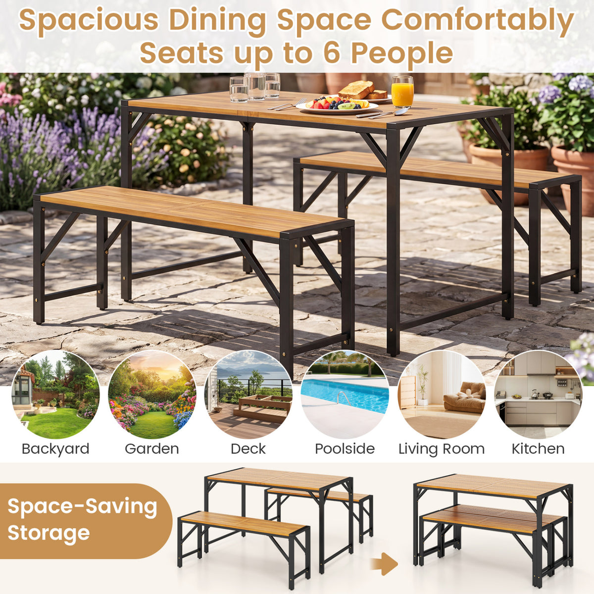 51" Acacia Wood Dining Table with Umbrella Hole & Metal Support for
