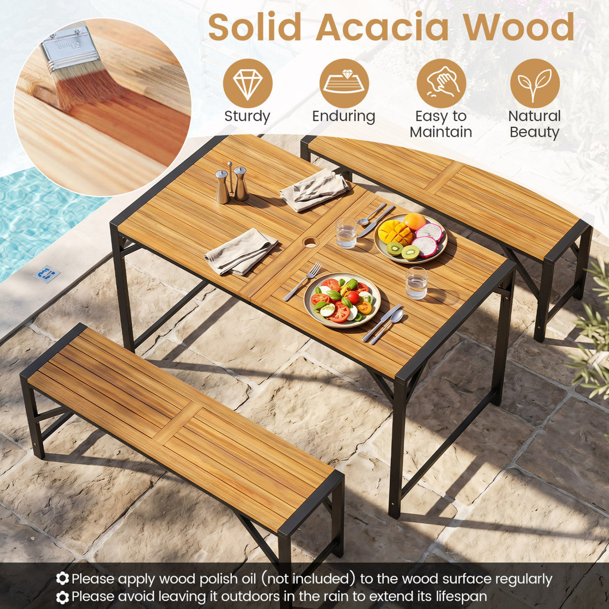 Set of 1 Acacia Wood Outdoor Bench 47.5" with Slatted Seat for
