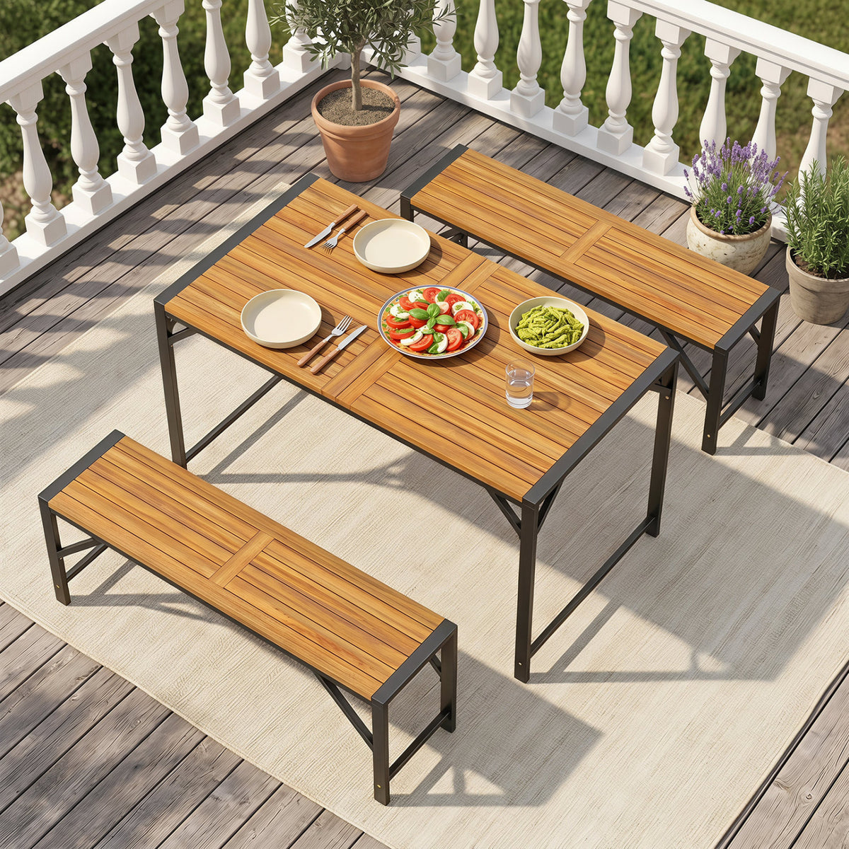Set of 2 Acacia Wood Outdoor Bench 47.5" with Slatted Seat for