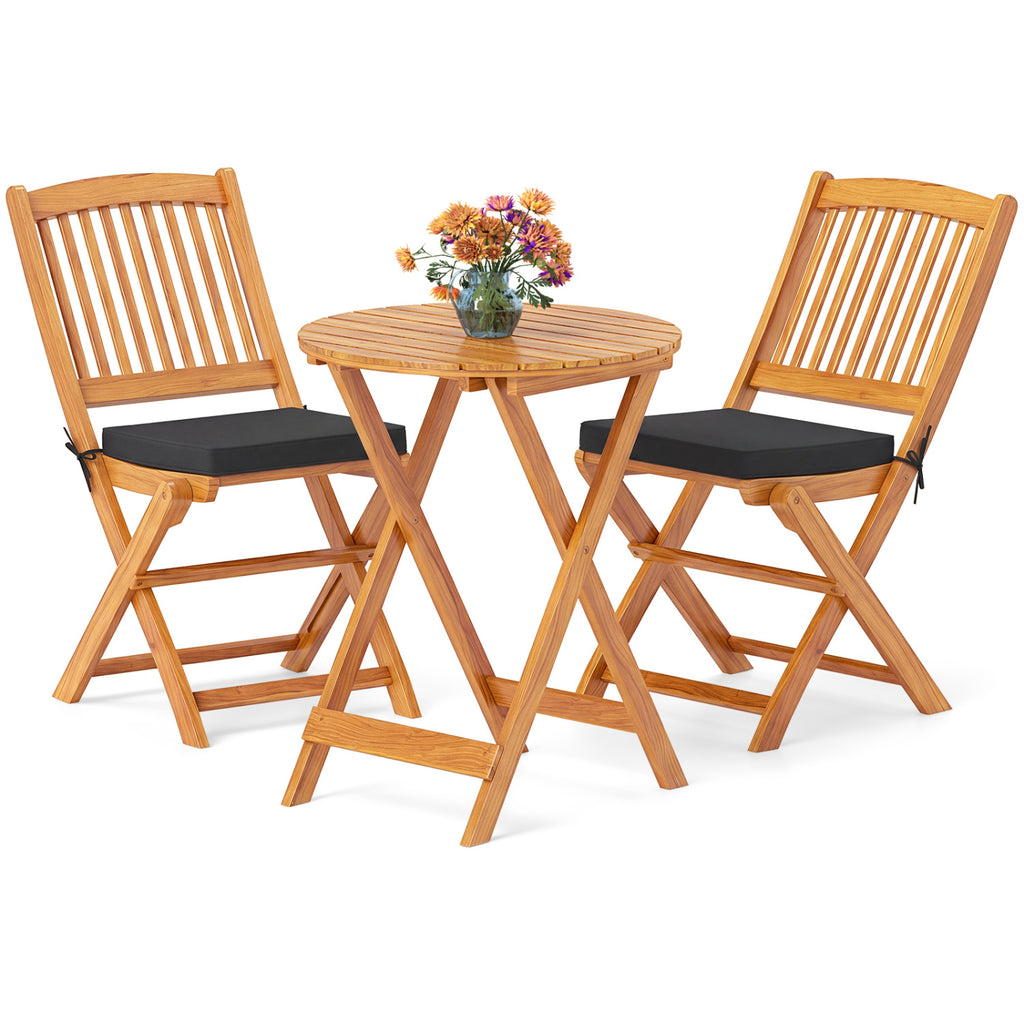 Acacia Wood Patio Folding Bistro Set with Cushions – Style B, Black