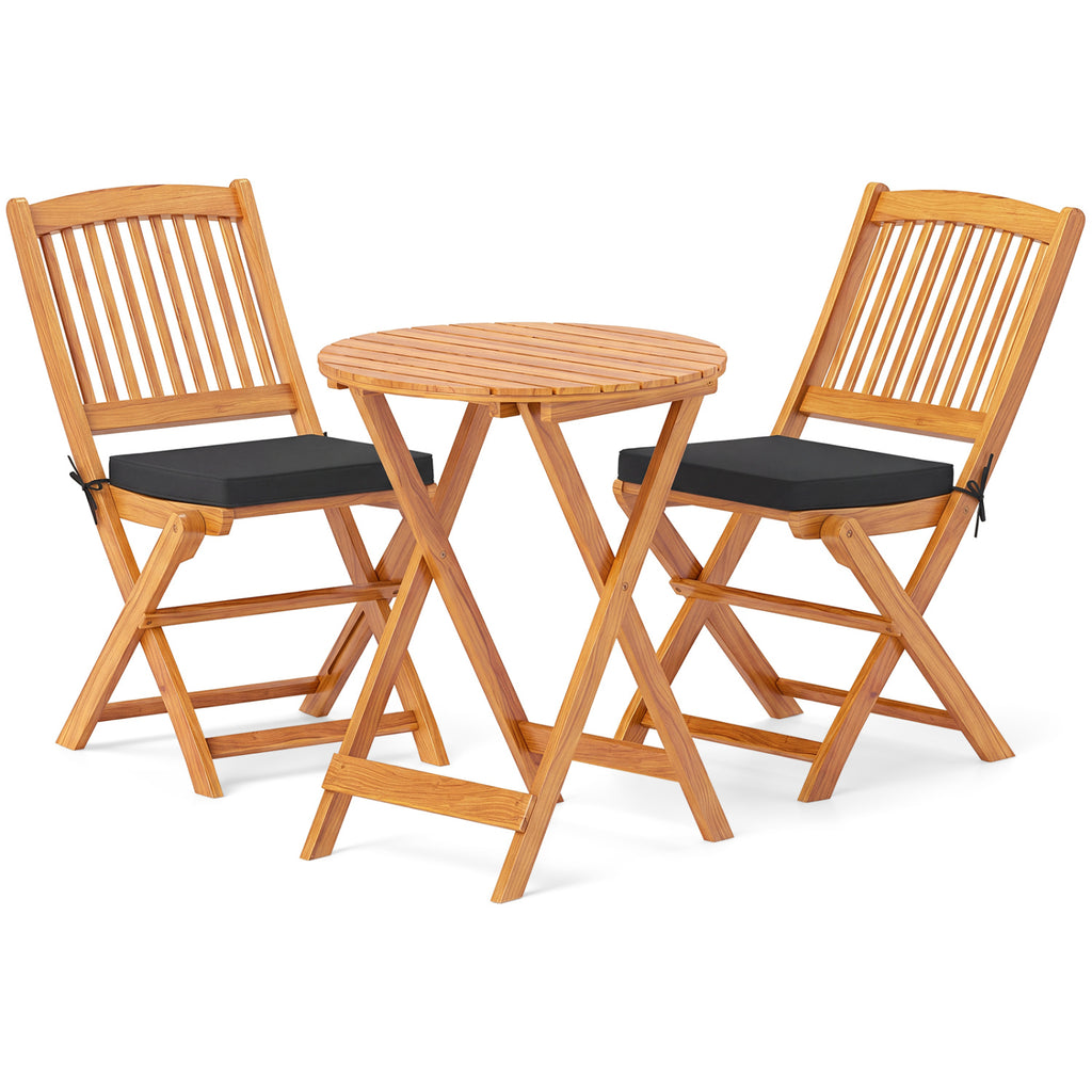 Acacia Wood Patio Folding Bistro Set with Cushions – Style B, Black
