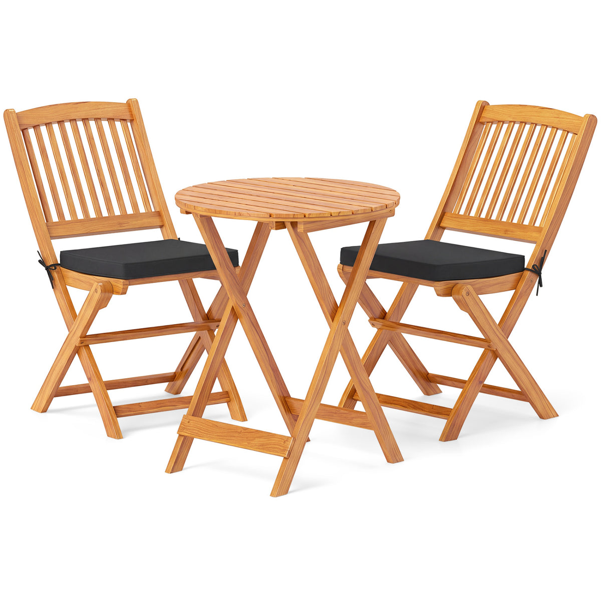 Acacia Wood Patio Folding Bistro Set with Cushions – Style B, Black