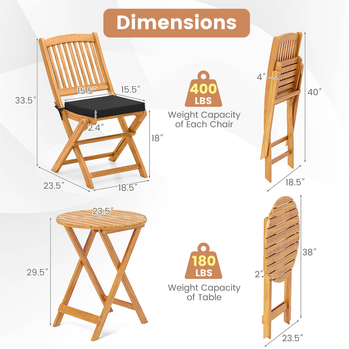 Acacia Wood Patio Folding Bistro Set with Cushions – Style B, Black