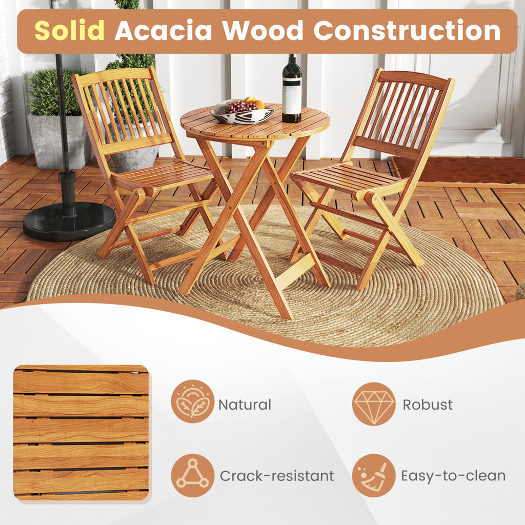 3 Pieces Acacia Wood Patio Folding Bistro Set with Soft Cushions