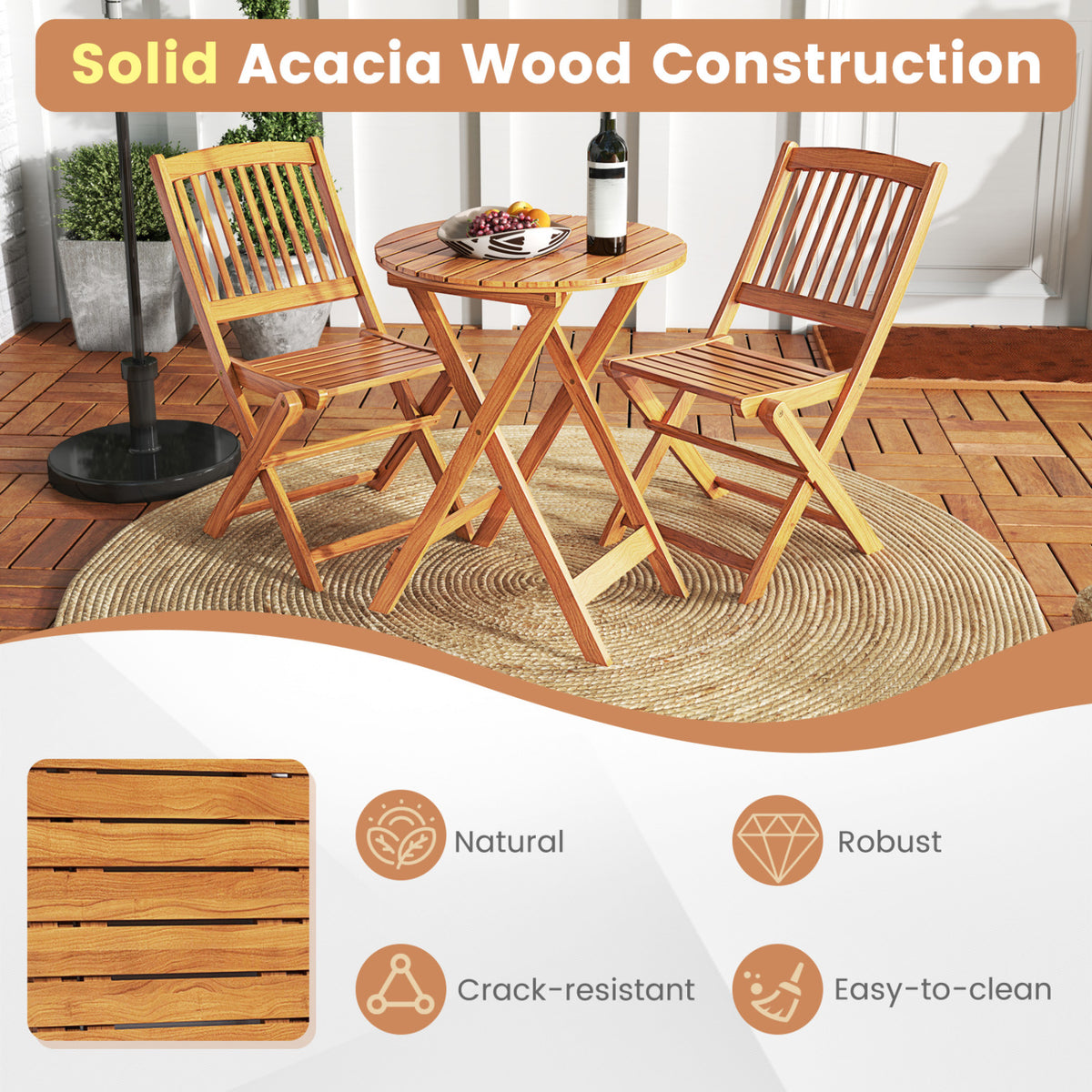 3 Pieces Acacia Wood Patio Folding Bistro Set with Soft Cushions