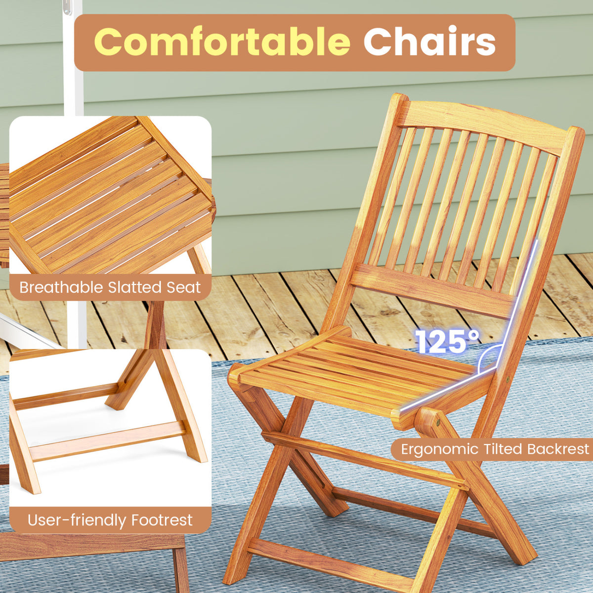 Acacia Wood Patio Folding Bistro Set with Cushions – Style B, Black