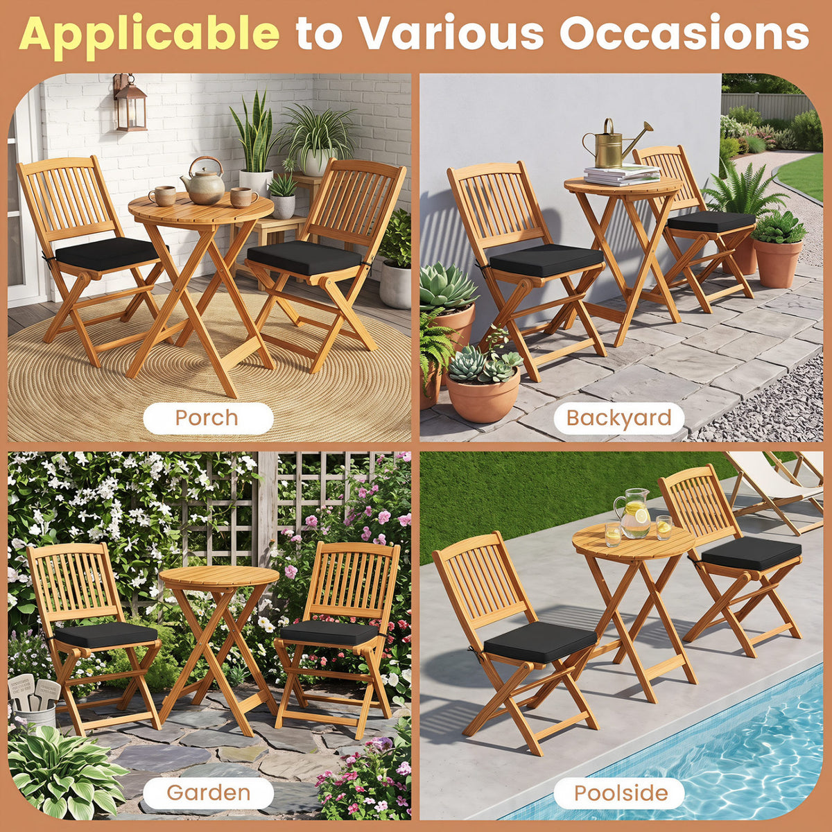 Acacia Wood Patio Folding Bistro Set with Cushions – Style B, Black