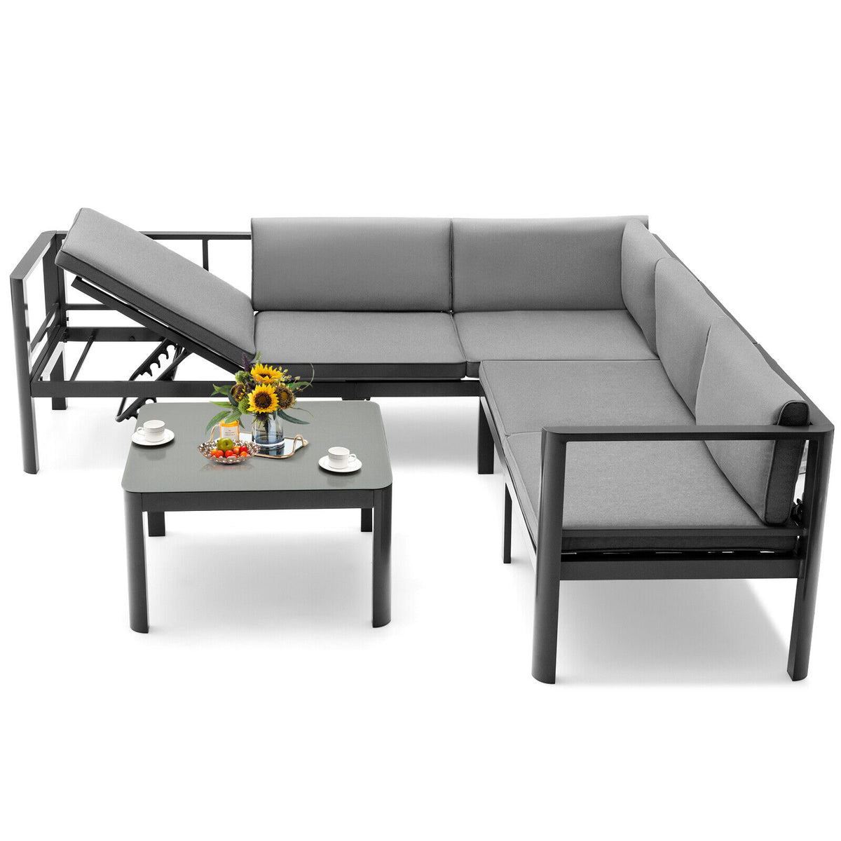3 Pieces Aluminum Patio Furniture Set with 6-Level Adjustable Backrest